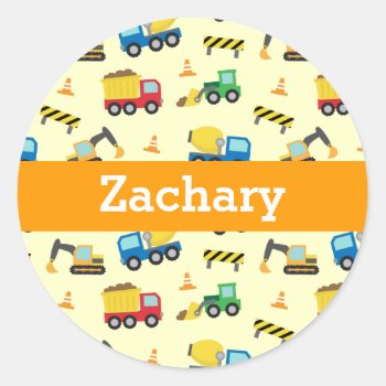 Colourful Construction Vehicles For Boys Classic Round Sticker by RustyDoodle at Zazzle