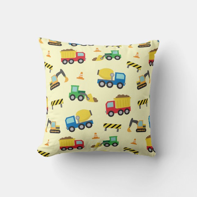 Colourful Construction Vehicles Pattern Boys Room Throw Pillow (Front)