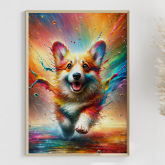 Colourful Corgi Rainbow Splatter Personalizable Poster