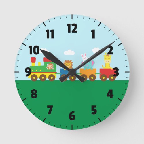 Colourful Cute Animals Train for Kids Bedroom Round Clock