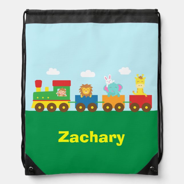 Colourful Cute Animals Train for Kids Drawstring Bag (Front)