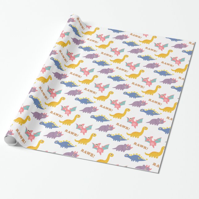 Colourful Cute Dinosaur Pattern For Kids Wrapping Paper (Unrolled)