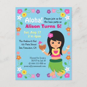 Colourful Cute Hawaii Hula Girl Luau Party Invitation