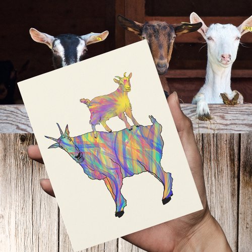 Colourful Cute Psychedelic Goats Farm Animal Art Postcard