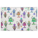 Colourful cute robots on white background fabric