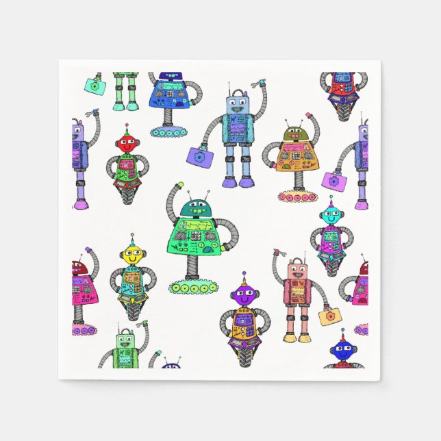 Colourful cute robots on white background paper napkins (Front)