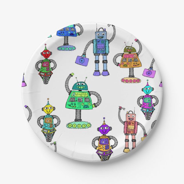 Colourful cute robots on white background paper plates (Front)