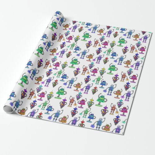 Colourful cute robots on white background wrapping paper