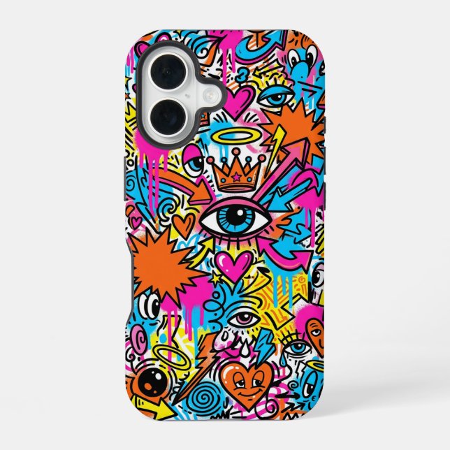 Colourful Cyberpunk Doodle Eye iPhone 16 case (Back)