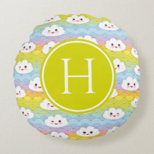 Colourful Emoji Kawaii Clouds Pattern Monogram Round Pillow