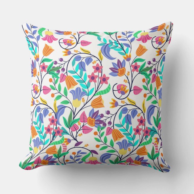 Colourful Exotic Floral Pattern Throw Pillow (Front)
