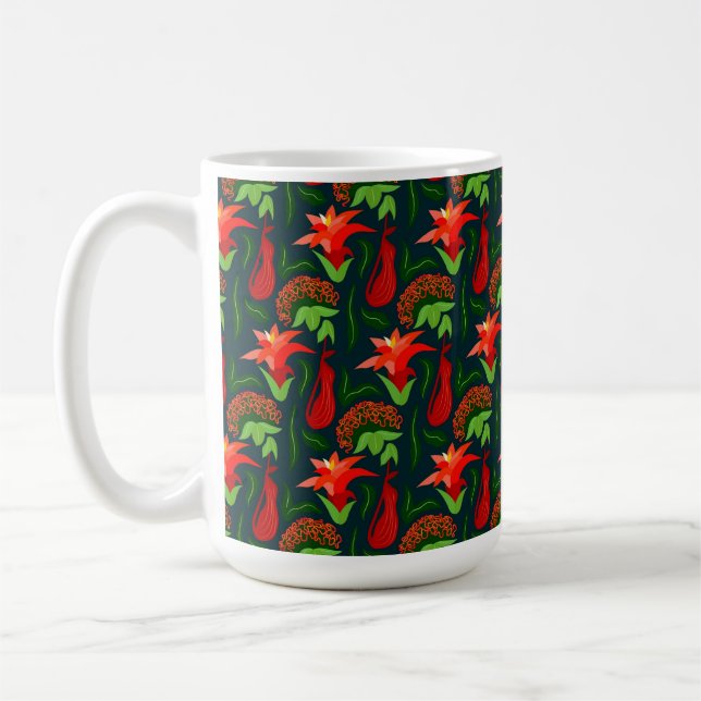 Colourful Exotic Flowers Leaves Pattern Coffee Mug (Left)