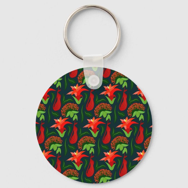 Colourful Exotic Flowers Leaves Pattern Keychain (Front)