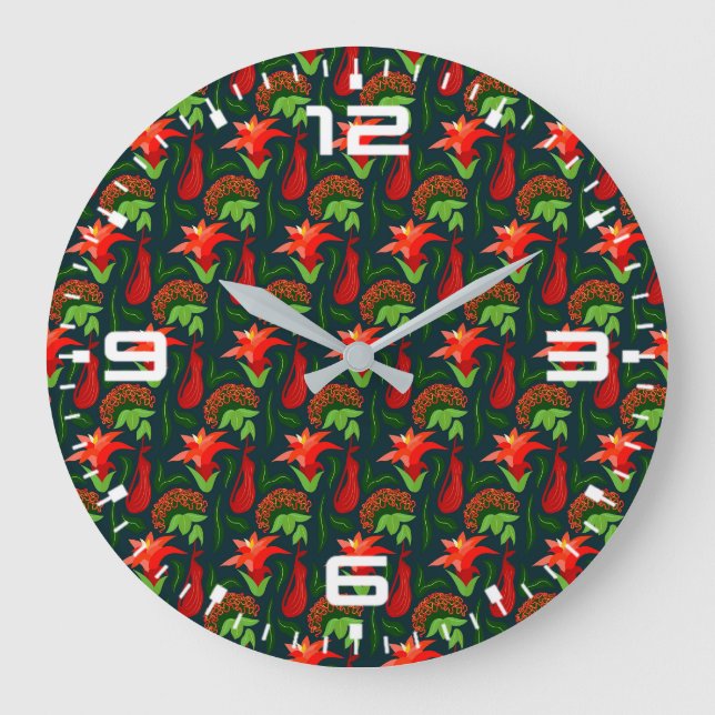 Colourful Exotic Flowers Leaves Pattern Large Clock (Front)