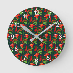 Colourful Exotic Flowers Leaves Pattern Round Clock