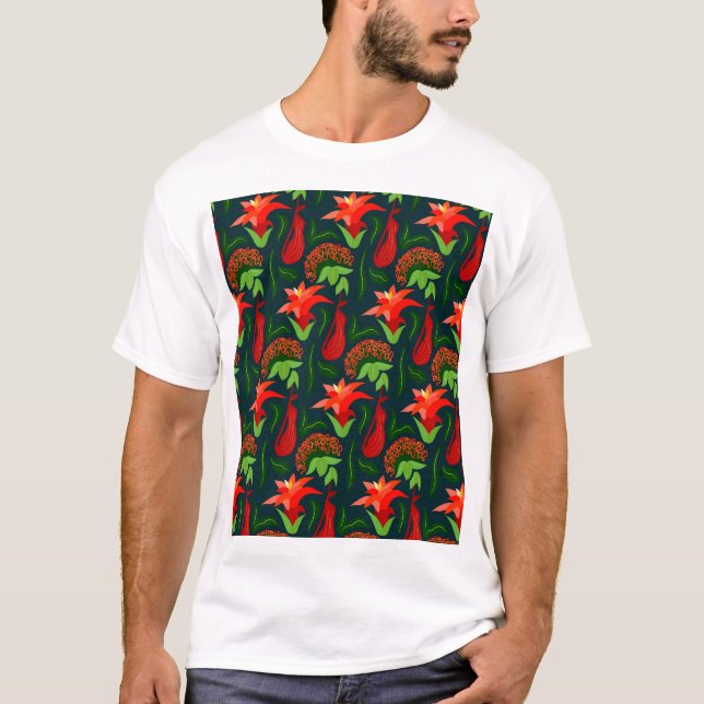 Colourful Exotic Flowers Leaves Pattern T-Shirt (Front)