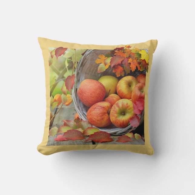 Colourful Fall leaves and Apple Basket Outdoor Pillow (Front)