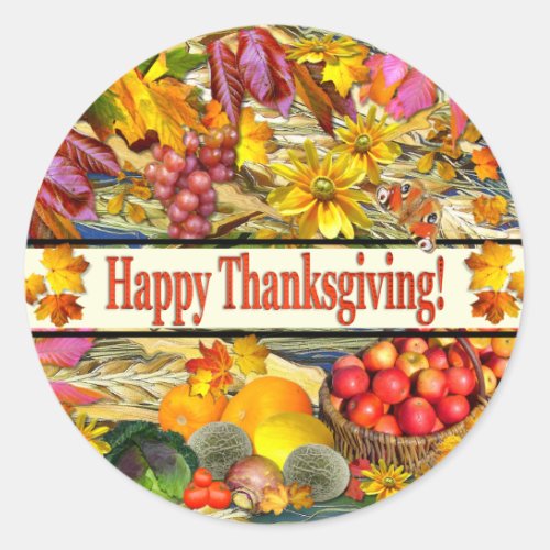 Colourful Fall Produce Happy Thanksgiving Classic Round Sticker