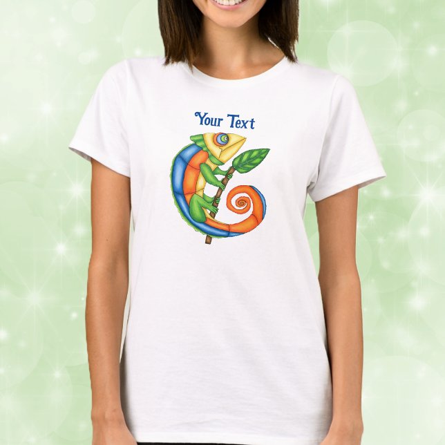 Colourful Fantasy Lizard Leaf on Branch T-Shirt (Bright colourful fantasy lizard holding leaf on branch on adult womans tee shirt.)
