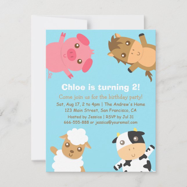Colourful Farm Animals Birthday Party Invitation (Front)