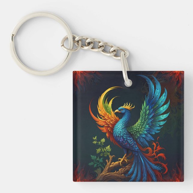 Colourful Feathered Phoenix Bird Pattern  Keychain (Front)