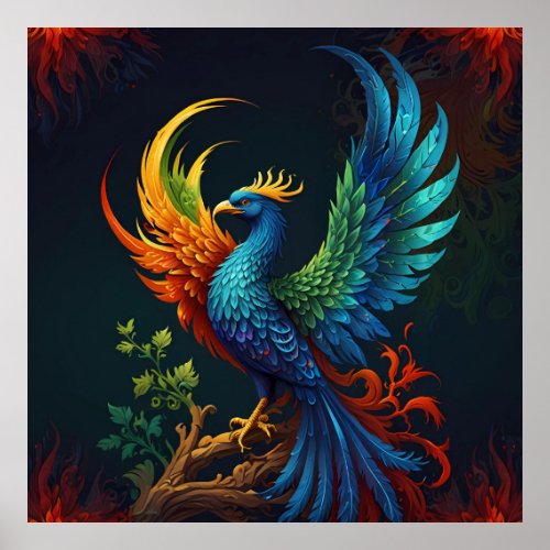 Colourful Feathered Phoenix Bird Pattern  Poster