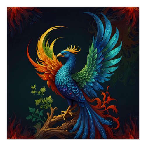 Colourful Feathered Phoenix Bird Pattern  Poster