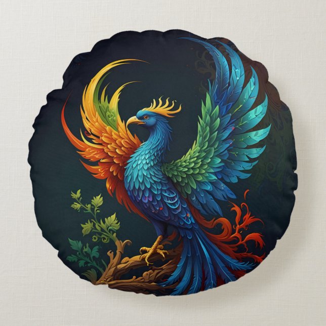 Colourful Feathered Phoenix Bird Pattern  Round Pillow (Front)