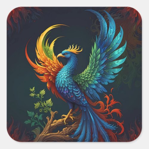 Colourful Feathered Phoenix Bird Pattern  Square Sticker