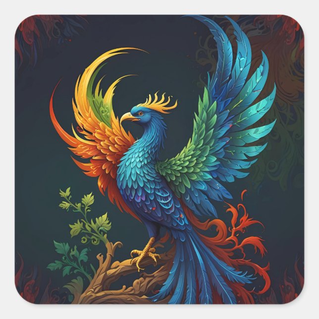 Colourful Feathered Phoenix Bird Pattern  Square Sticker (Front)
