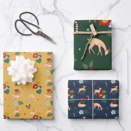 Colourful Festive Reindeer Floral Pattern Wrapping Paper Sheets