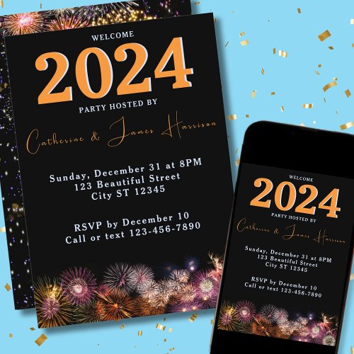 Colourful Fireworks on Black New Years Eve Party Invitation