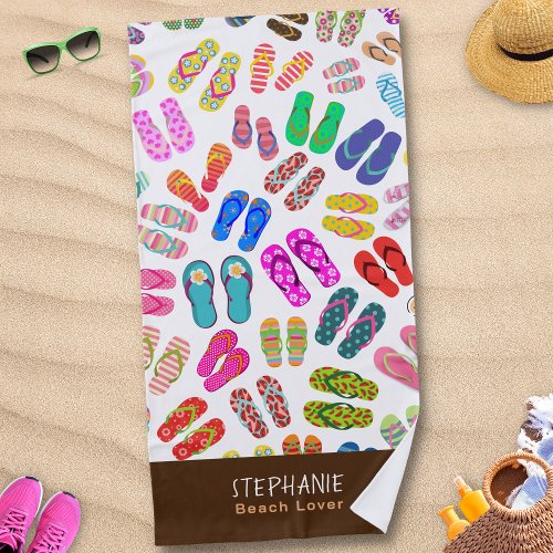 Colourful Flip Flops on White Background Beach Towel
