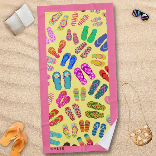 Colourful Flip Flops Yellow Background Pink Edge Beach Towel