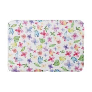 Colourful floral butterfly watercolor bath mat