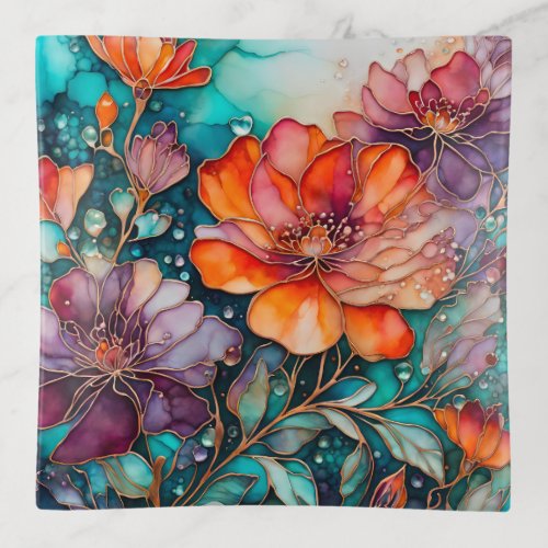 Colourful Floral Ink Art Trinket Tray