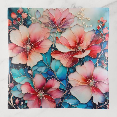 Colourful Floral Ink Art Trinket Tray