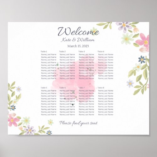 Colourful floral landscape Wedding 8 table seating Poster