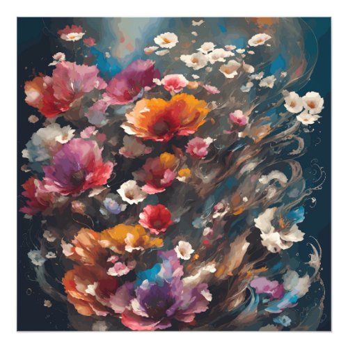 Colourful flowers black ink flow painting photo print