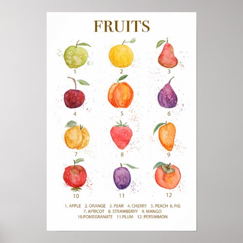 colourful fruit collection watercolour  poster