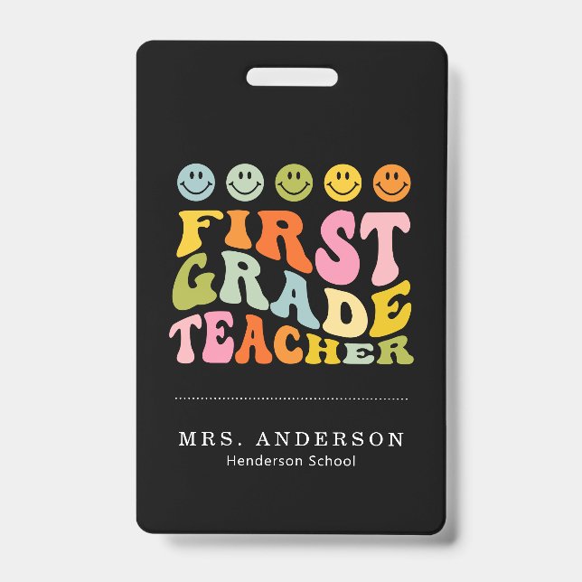 Colourful Fun First Grade Teacher Custom Name  Badge (Front)