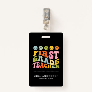 Colourful Fun First Grade Teacher Custom Name  Badge