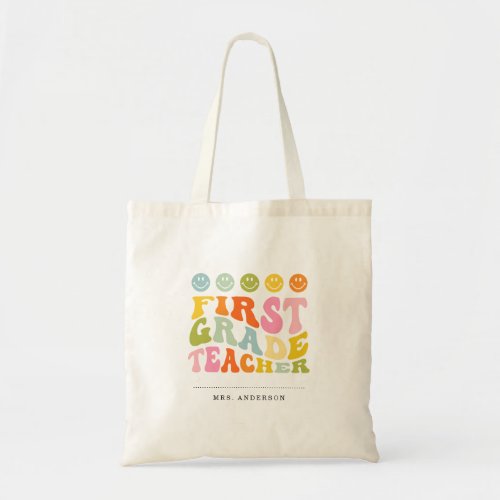 Colourful Fun First Grade Teacher Custom Name Tote Bag