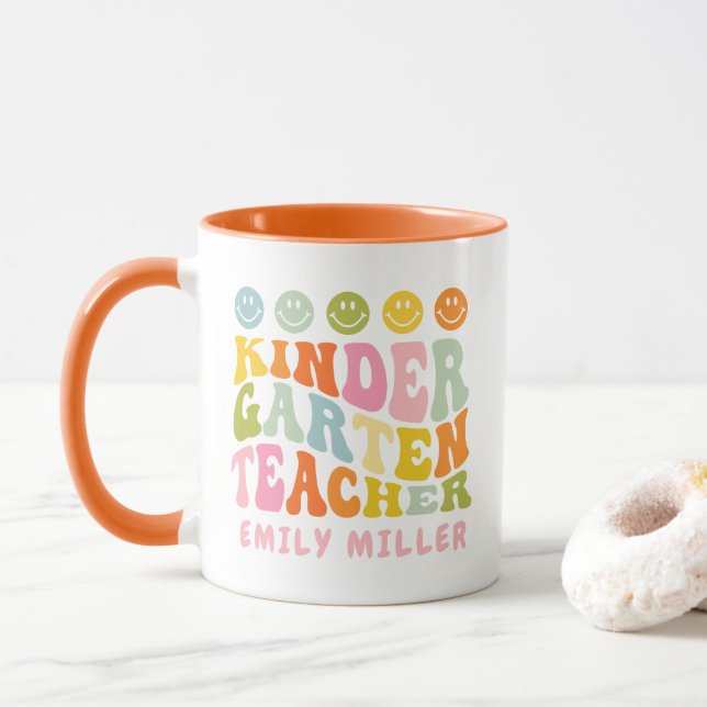 Colourful Fun Kindergarten Teacher Custom Name Mug (With Donut)