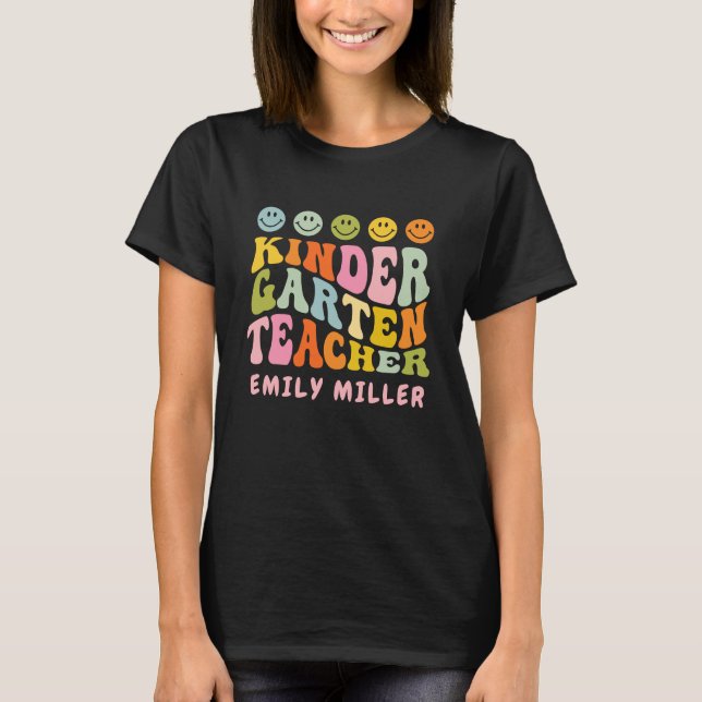 Colourful Fun Kindergarten Teacher Custom Name T-Shirt (Front)