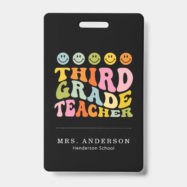 Colourful Fun Third Grade Teacher Custom Name Badge (Front)