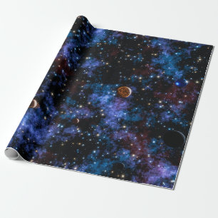 Colourful galaxies, stars and planets in night sky wrapping paper