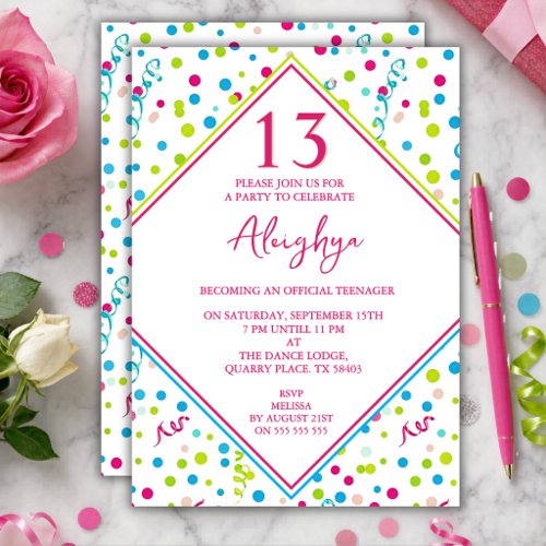 Colourful Girls 13th Birthday Party Invitation
