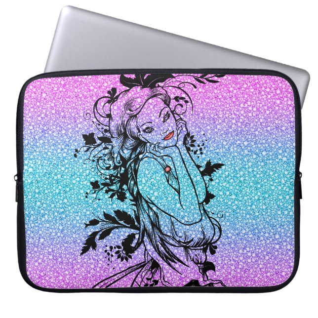 Colourful Glitter Floral Girl Illustration Laptop Sleeve (Front)