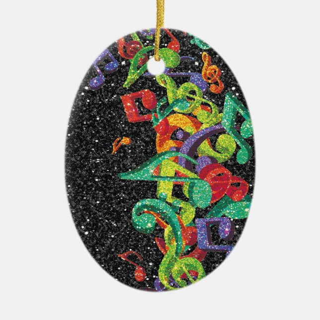colourful glitter music notes and black effects ceramic ornament (Front)